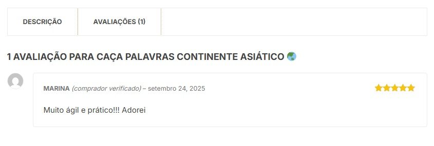 Avaliação verificada de cliente sobre o Caça-Palavras Continente Asiático